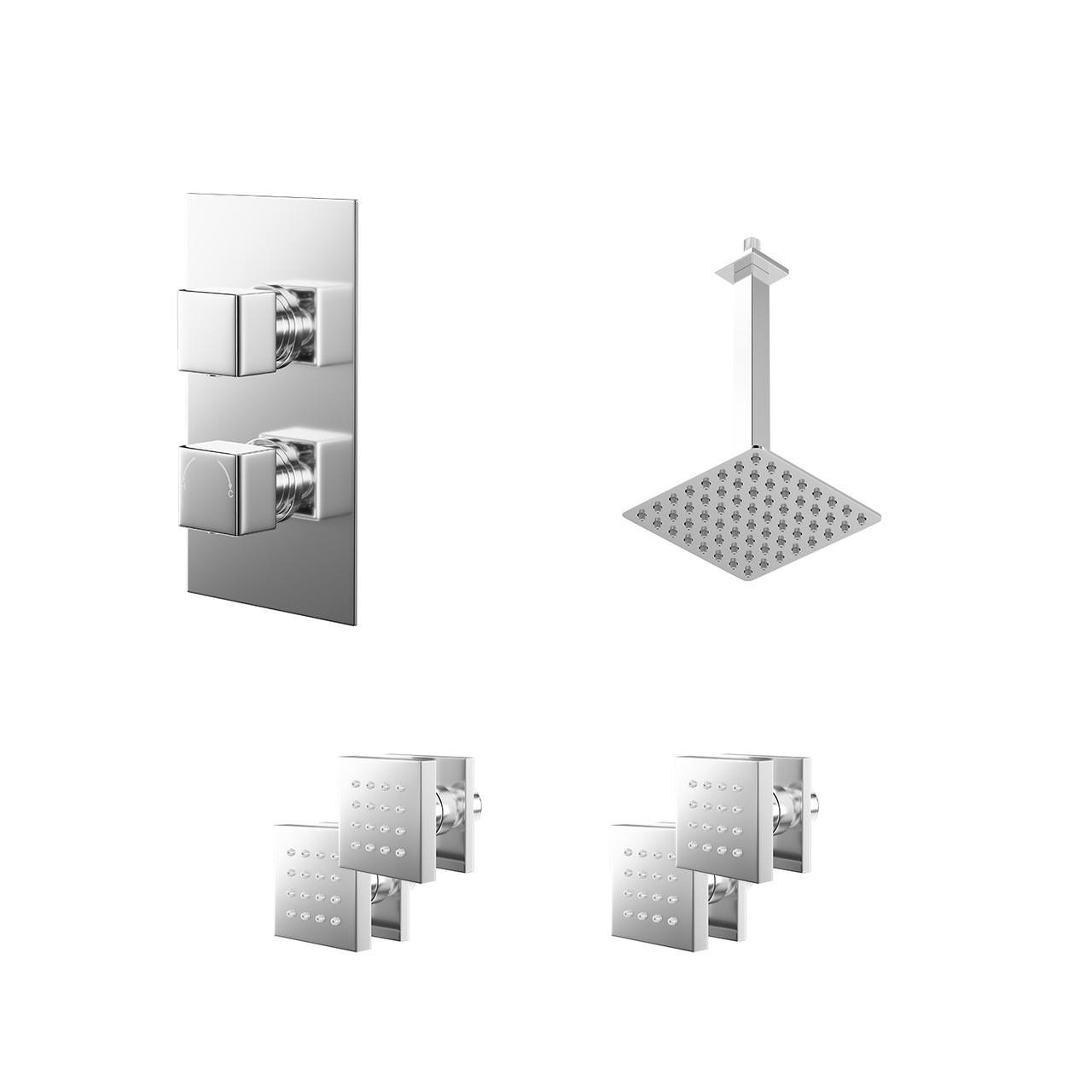 Cubix Polished Concealed Twin Thermostatic Shower Valve with Diverter and Square Head with 300mm Ceiling Arm and 4 Body Jets