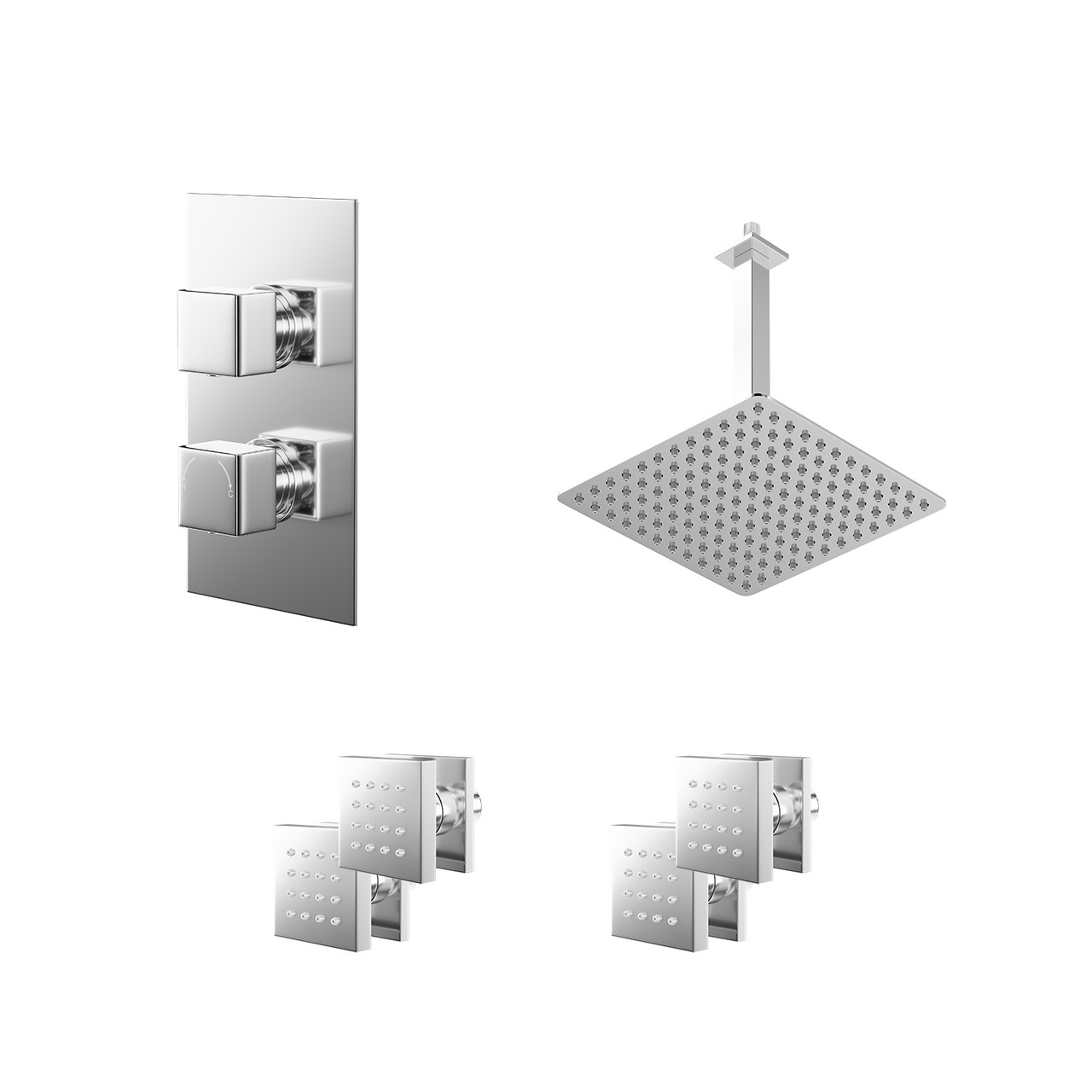Cubix Polished Concealed Twin Thermostatic Shower Valve with Diverter and Square Head with Ceiling Arm and 4 Body Jets