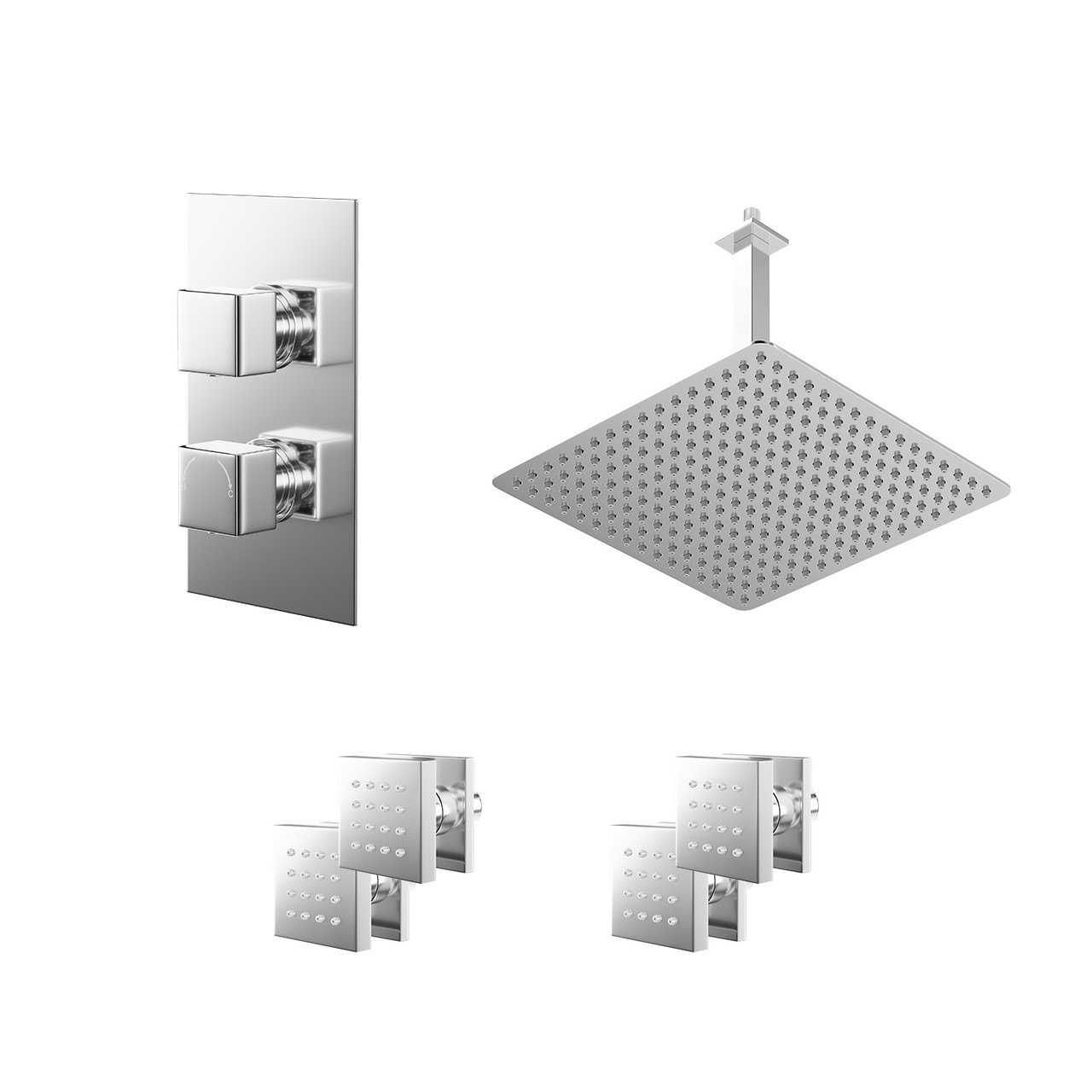 Cubix Polished Concealed Twin Thermostatic Shower Valve with Diverter and Square Head with 300mm Ceiling Arm and 4 Body Jets