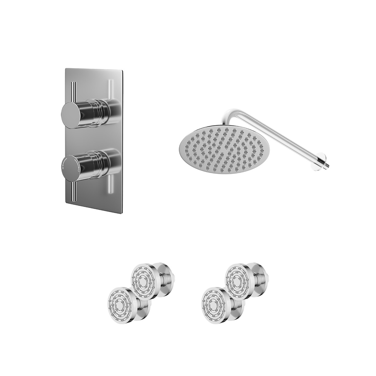 Circo Polished Concealed Twin Thermostatic Shower Valve with Diverter and Round Head with 345mm Wall Arm and 4 Body Jets