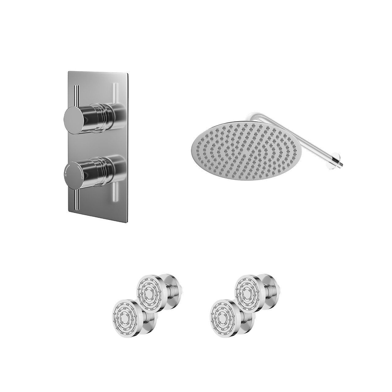 Circo Polished Concealed Twin Thermostatic Shower Valve with Diverter and Round Head with 345mm Wall Arm and 4 Body Jets