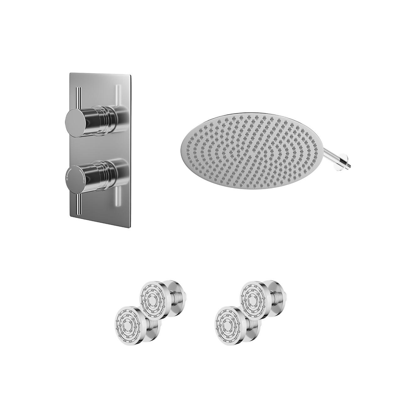 Circo Polished Concealed Twin Thermostatic Shower Valve with Diverter and Round Head with 345mm Wall Arm and 4 Body Jets