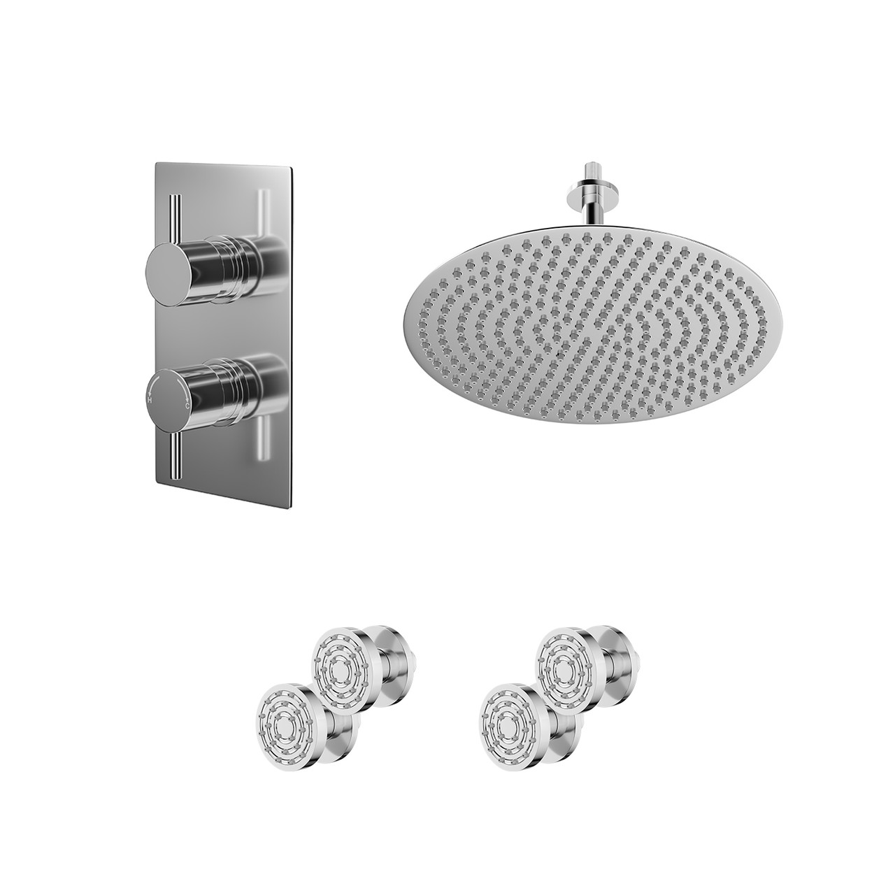 Circo Polished Concealed Twin Thermostatic Shower Valve with Diverter and Round Head with 150mm Ceiling Arm and 4 Body Jets