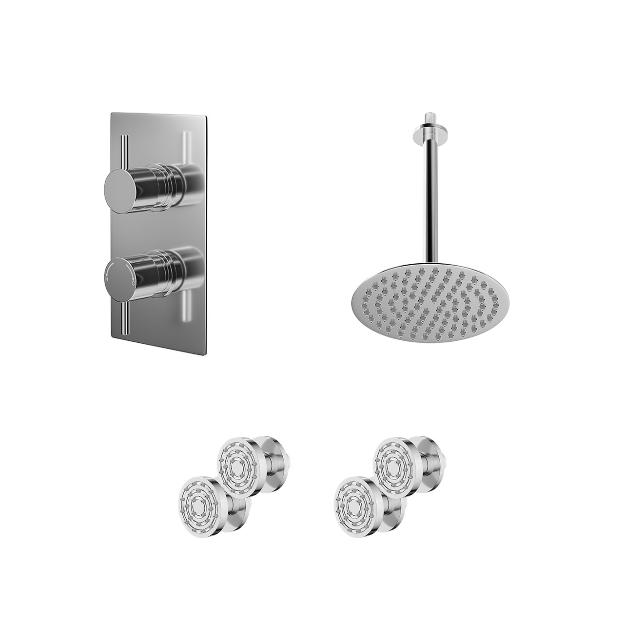 Circo Polished Concealed Twin Thermostatic Shower Valve with Diverter and Round Head with 300mm Ceiling Arm and 4 Body Jets