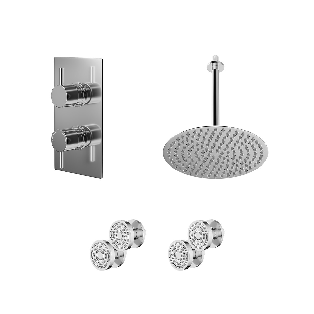 Circo Polished Concealed Twin Thermostatic Shower Valve with Diverter and Round Head with Ceiling Arm and 4 Body Jets