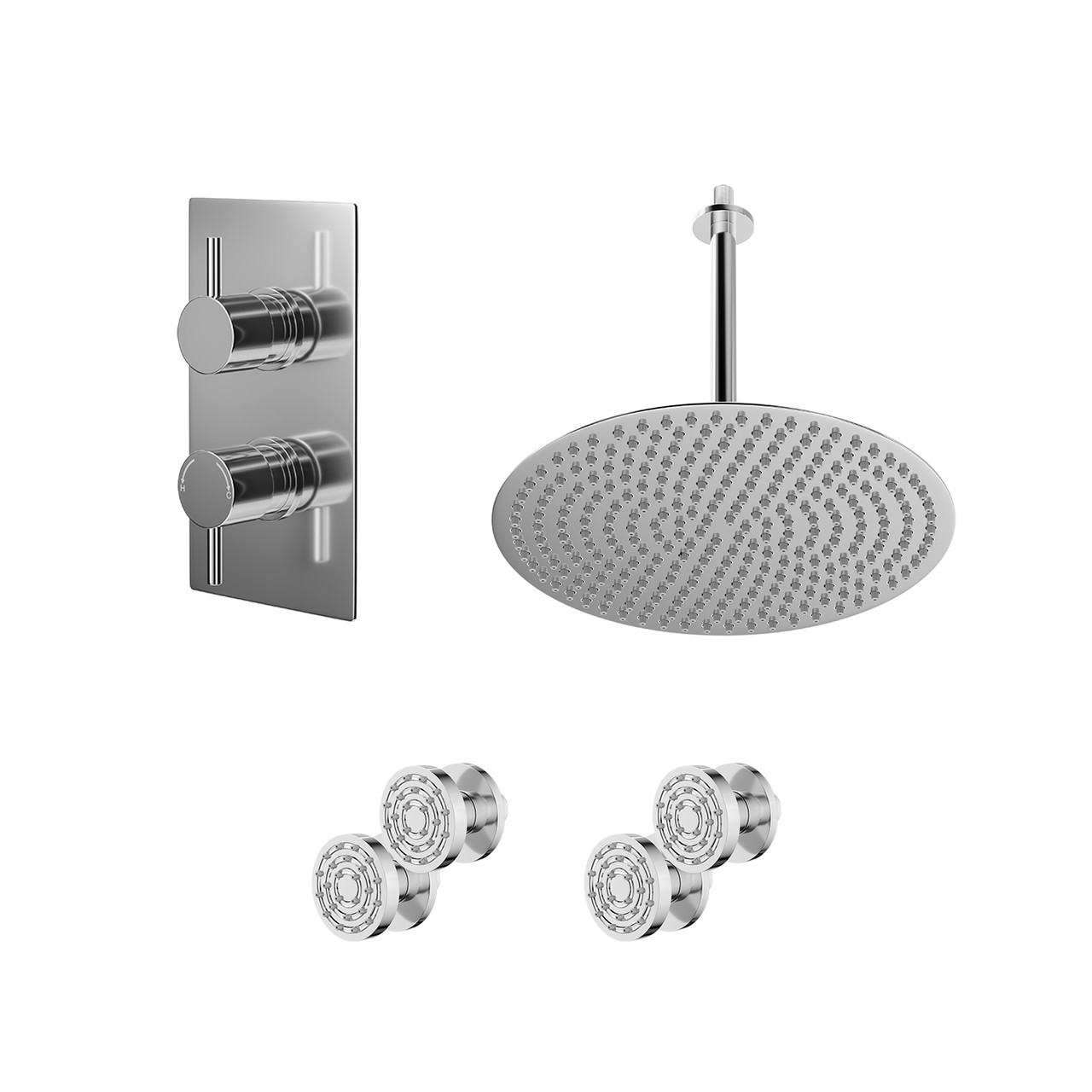 Circo Polished Concealed Twin Thermostatic Shower Valve with Diverter and Round Head with 300mm Ceiling Arm and 4 Body Jets