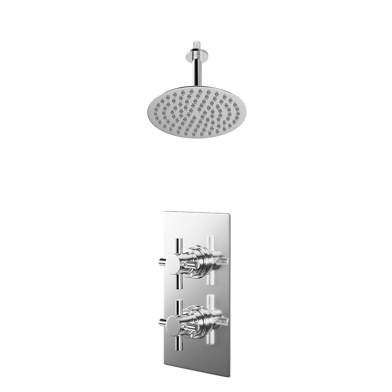 Cross Polished Concealed Twin Thermostatic Shower Valve and Thin Round Fixed Head with 150mm Ceiling Arm