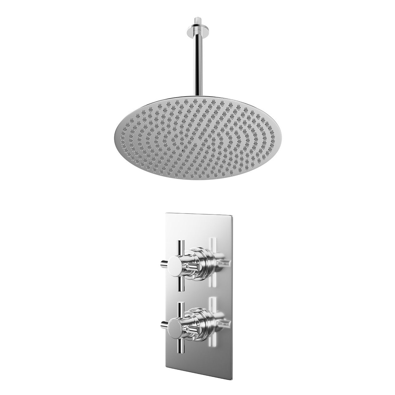 Cross Polished Concealed Twin Thermostatic Shower Valve and Thin Round Fixed Head with 300mm Ceiling Arm