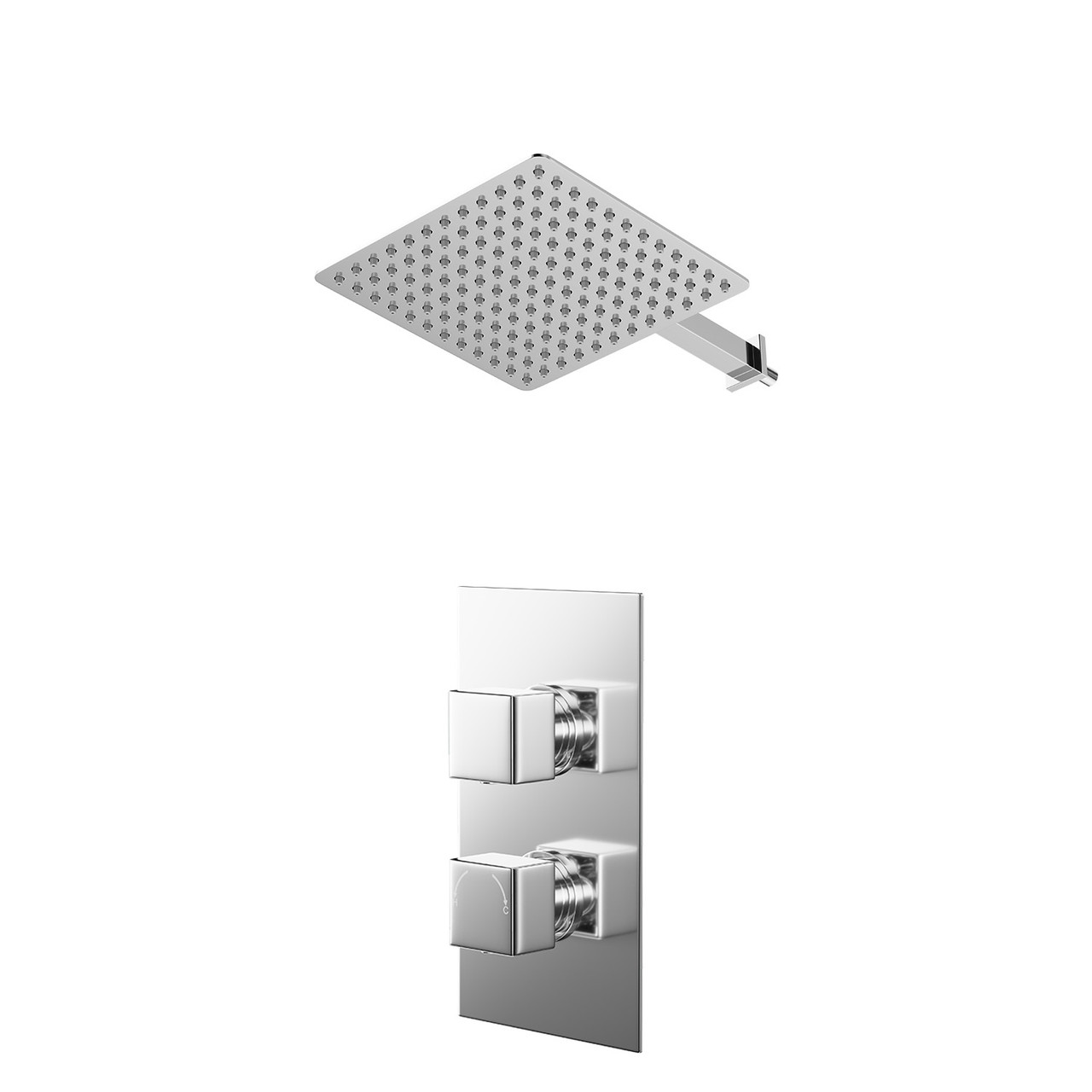 Cubix Polished Concealed Twin Thermostatic Shower Valve and Thin Square Fixed Head with Wall Arm