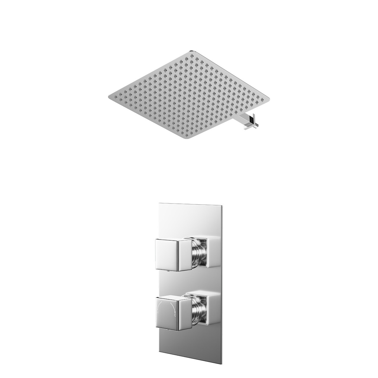 Cubix Polished Concealed Twin Thermostatic Shower Valve and Thin Square Fixed Head with Wall Arm