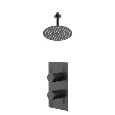 Colore Gunmetal Grey Round Concealed Twin Thermostatic Shower Valve And Thin Round Fixed Head With 150Mm Ceiling Arm | | Stainless Steel | 200Mm
