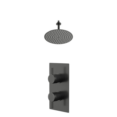 Colore Gunmetal Grey Round Concealed Twin Thermostatic Shower Valve And Thin Round Fixed Head With 150Mm Ceiling Arm | | Stainless Steel | 300Mm