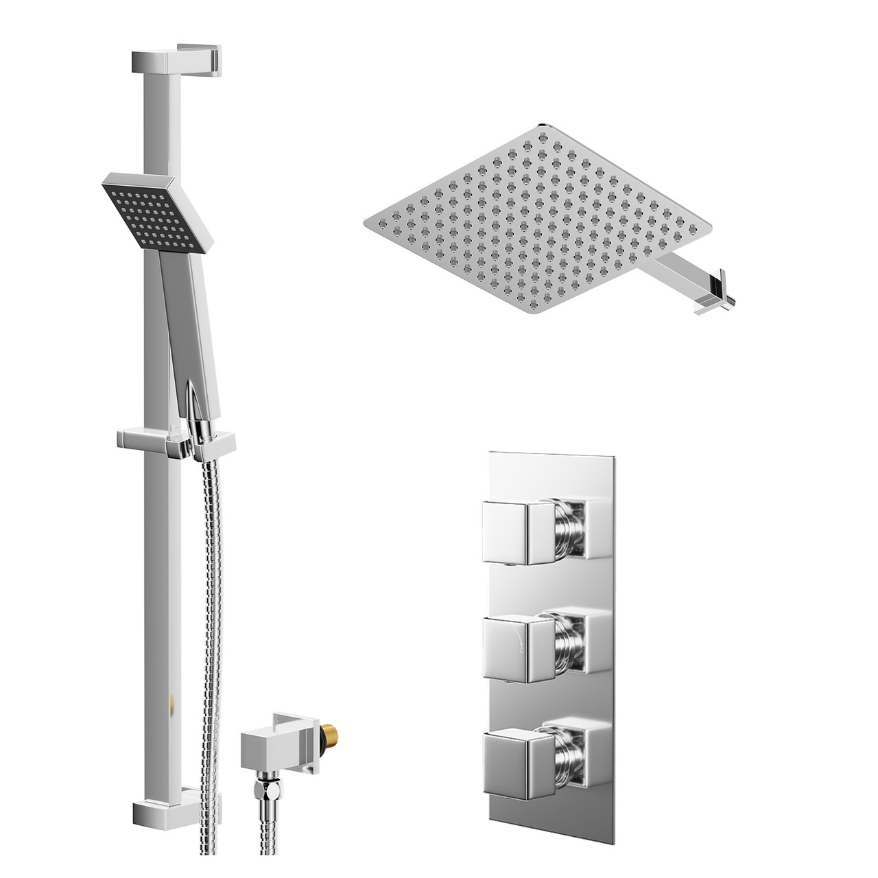 Cubix Polished Concealed Triple Thermostatic Shower Valve and Thin Square Fixed Head