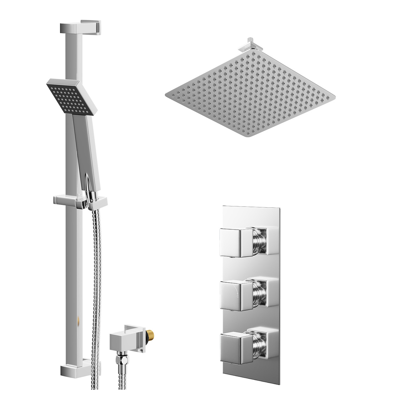 Cubix Polished Concealed Triple Thermostatic Shower Valve and Thin Square Fixed Head