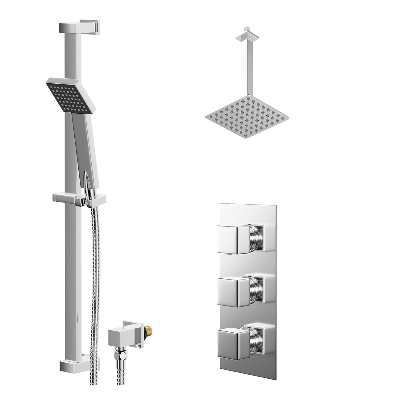 Cubix Polished Concealed Triple Thermostatic Shower Valve and Thin Square Fixed Head