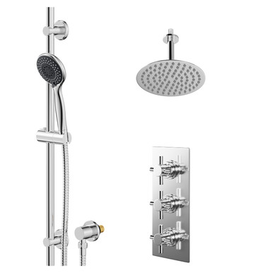 Wholesale Domestic Chrome Cross Polished Concealed Triple Thermostatic Shower Valve And Thin Round Fixed Head | | Stainless Steel | 200Mm