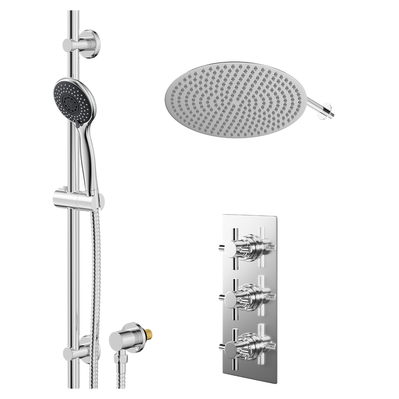 Cross Polished Concealed Triple Thermostatic Shower Valve and Thin Round Fixed Head