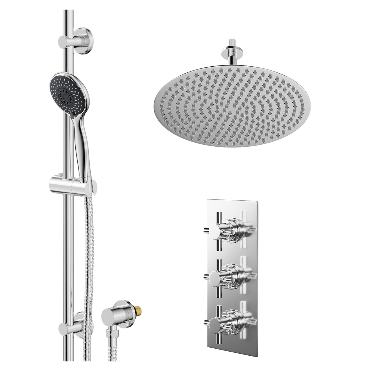 Cross Polished Concealed Triple Thermostatic Shower Valve and Thin Round Fixed Head