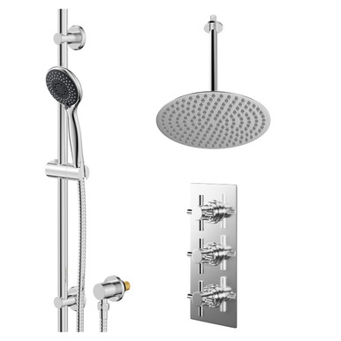 Wholesale Domestic Chrome Cross Polished Concealed Triple Thermostatic Shower Valve And Thin Round Fixed Head | | Stainless Steel | 300Mm