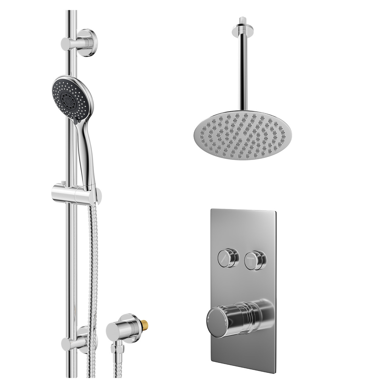 Circo Polished Concealed Push Button Twin Shower Valve and Thin Round Fixed Head
