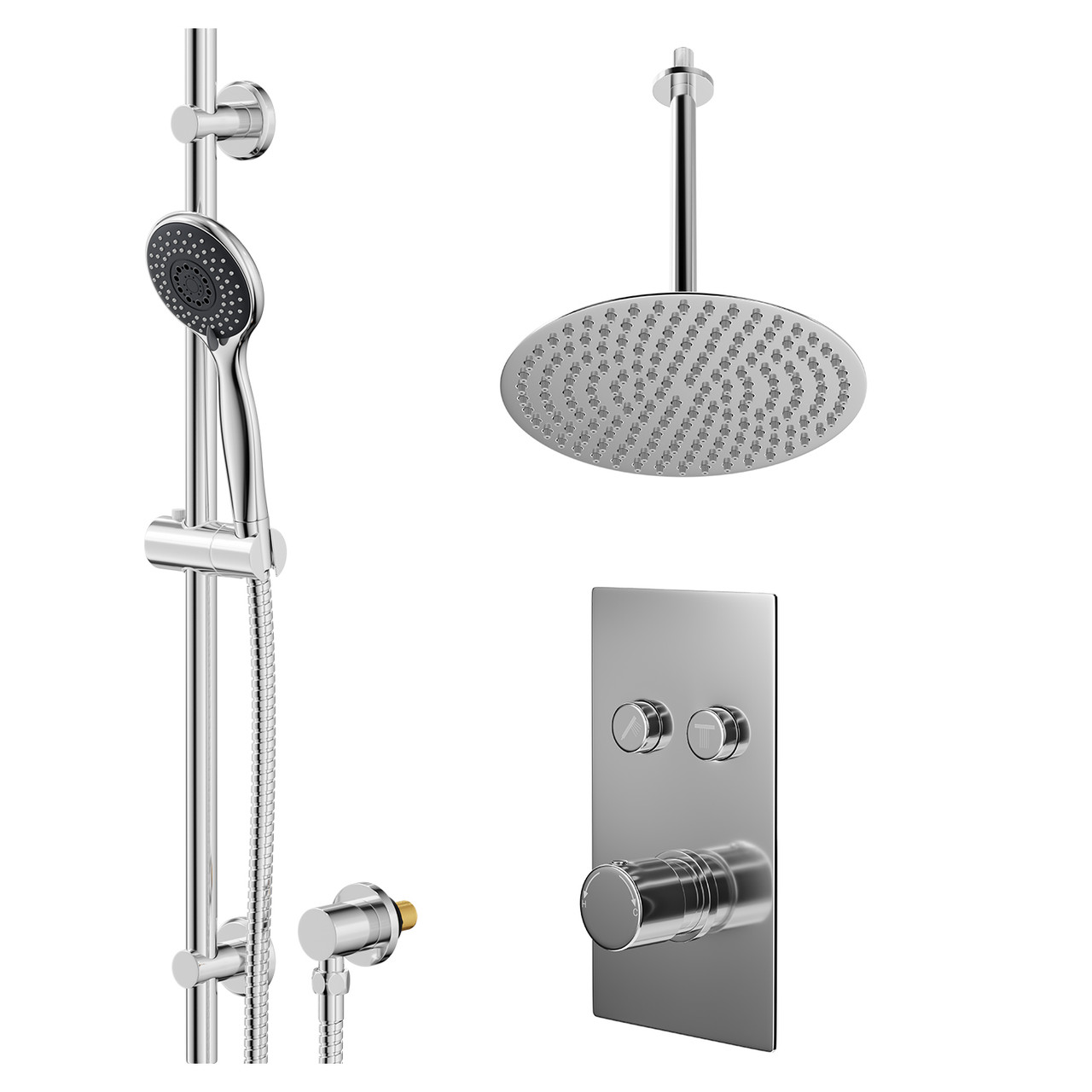 Circo Polished Concealed Push Button Twin Shower Valve and Thin Round Fixed Head
