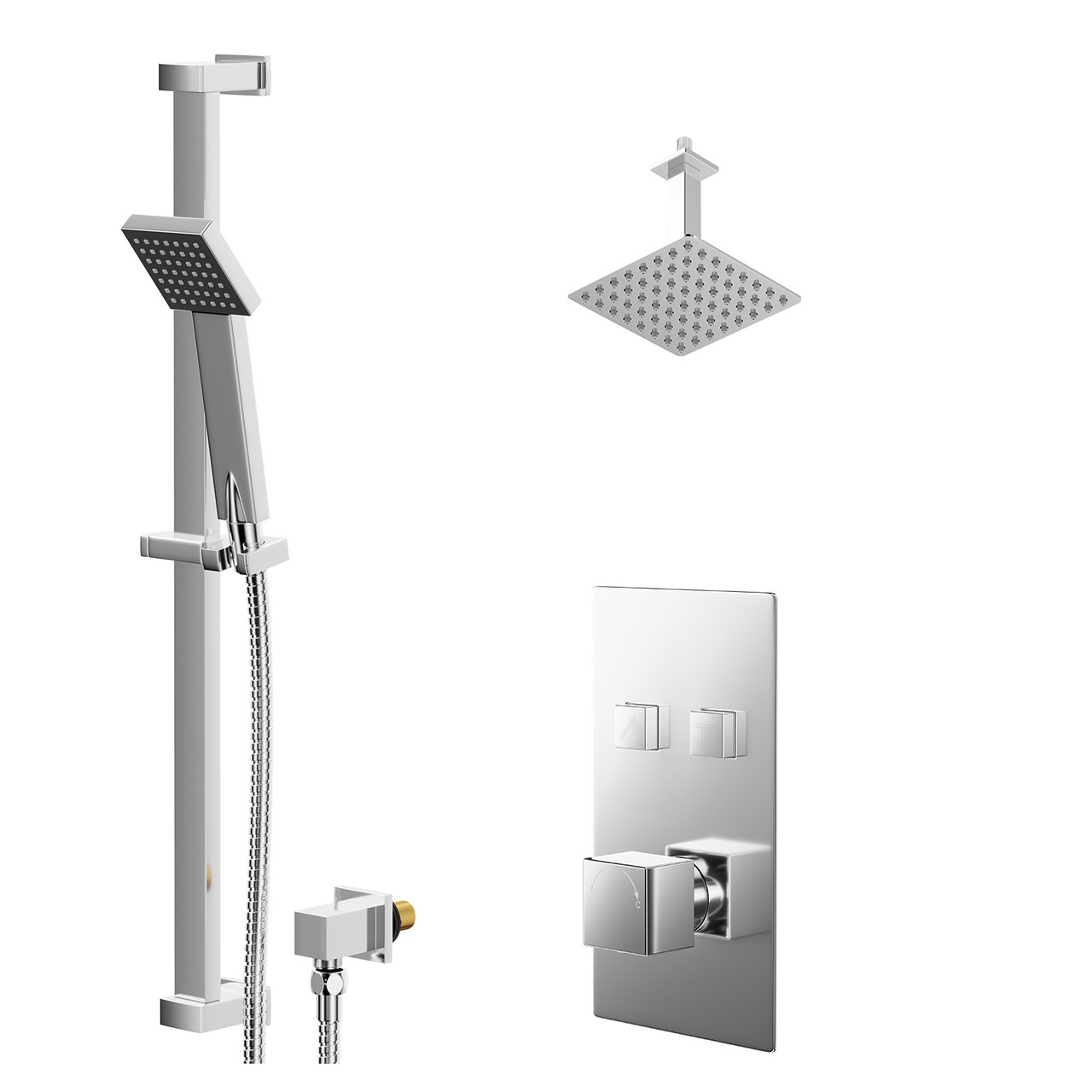 Cubix Polished Concealed Push Button Twin Shower Valve and Thin Square Fixed Head
