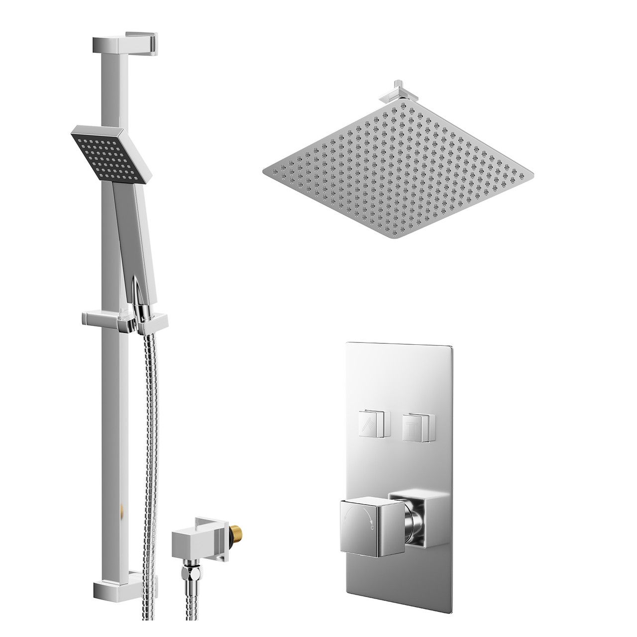 Cubix Polished Concealed Push Button Twin Shower Valve and Thin Square Fixed Head