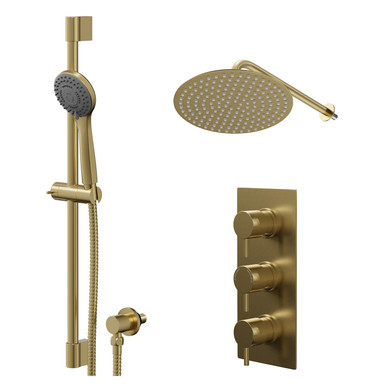 Colore Brushed Brass Round Concealed Triple Thermostatic Shower Valve And Thin Round Fixed Head | | Stainless Steel | 300Mm