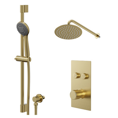 Colore Brushed Brass Round Concealed Push Button Shower Valve And Thin Round Fixed Head | | Stainless Steel | 200Mm