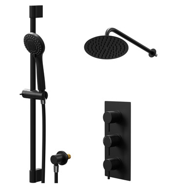 Colore Matt Black Round Concealed Triple Thermostatic Shower Valve And Thin Round Fixed Head | | Stainless Steel | 200Mm