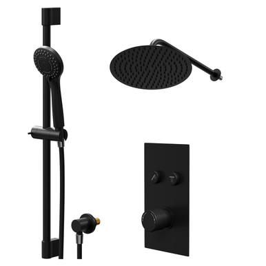 Colore Matt Black Round Concealed Push Button Shower Valve And Thin Round Fixed Head | | Stainless Steel | 300Mm