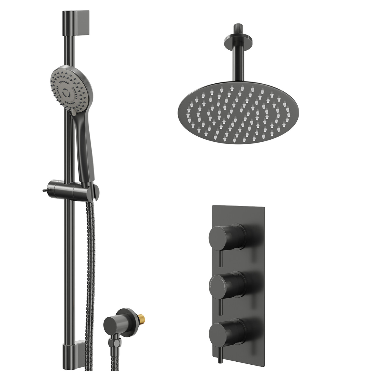 Colore Round Concealed Triple Thermostatic Shower Valve and Fixed Head with 150mm Ceiling Arm and Slide Rail Kit