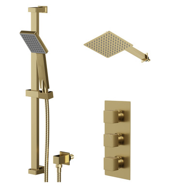 Colore Brushed Brass Square Concealed Triple Thermostatic Shower Valve And Fixed Head With 345Mm Wall Arm And Slide Rail Kit | | Stainless Steel | 200Mm