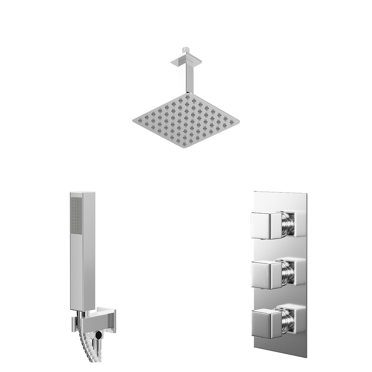 Cubix Polished Concealed Triple Thermostatic Shower Valve and Square Head with 150mm Ceiling Arm and Outlet Holder with Kit