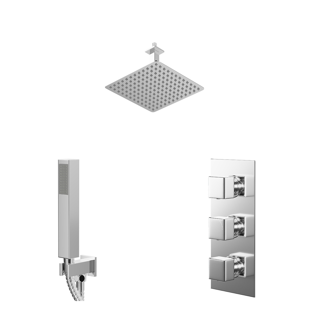Cubix Polished Concealed Triple Thermostatic Shower Valve and Square Head with 150mm Ceiling Arm and Outlet Holder with Kit