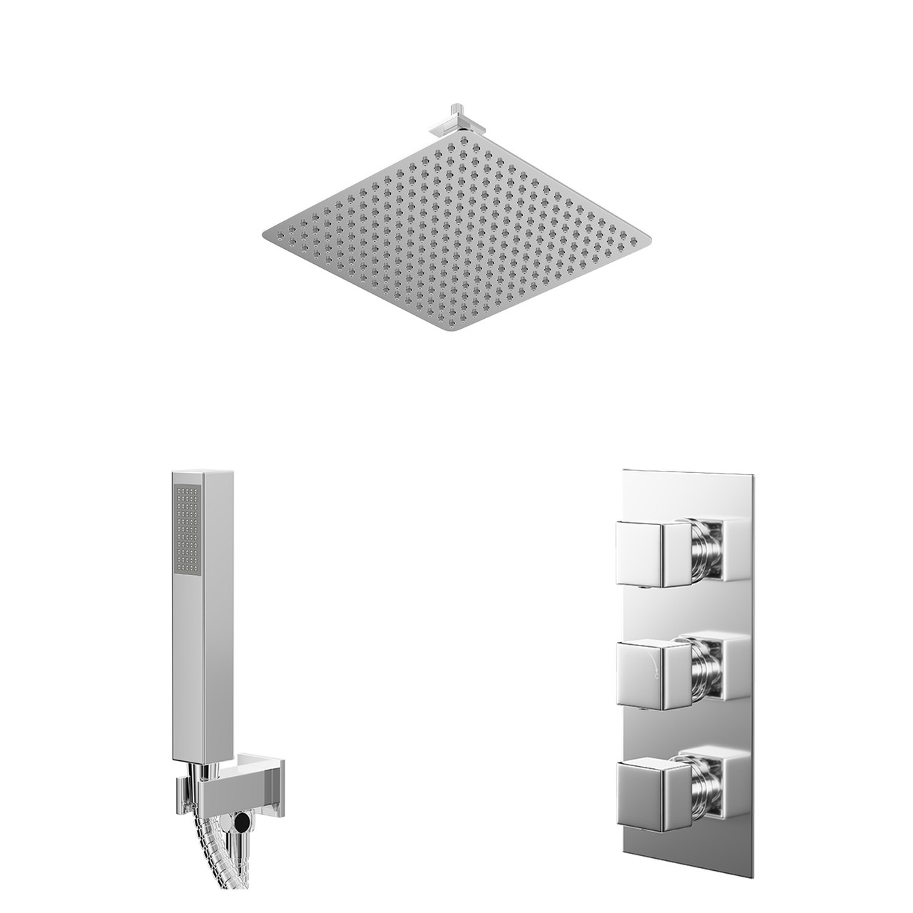 Cubix Polished Concealed Triple Thermostatic Shower Valve and Square Head with 150mm Ceiling Arm and Outlet Holder with Kit