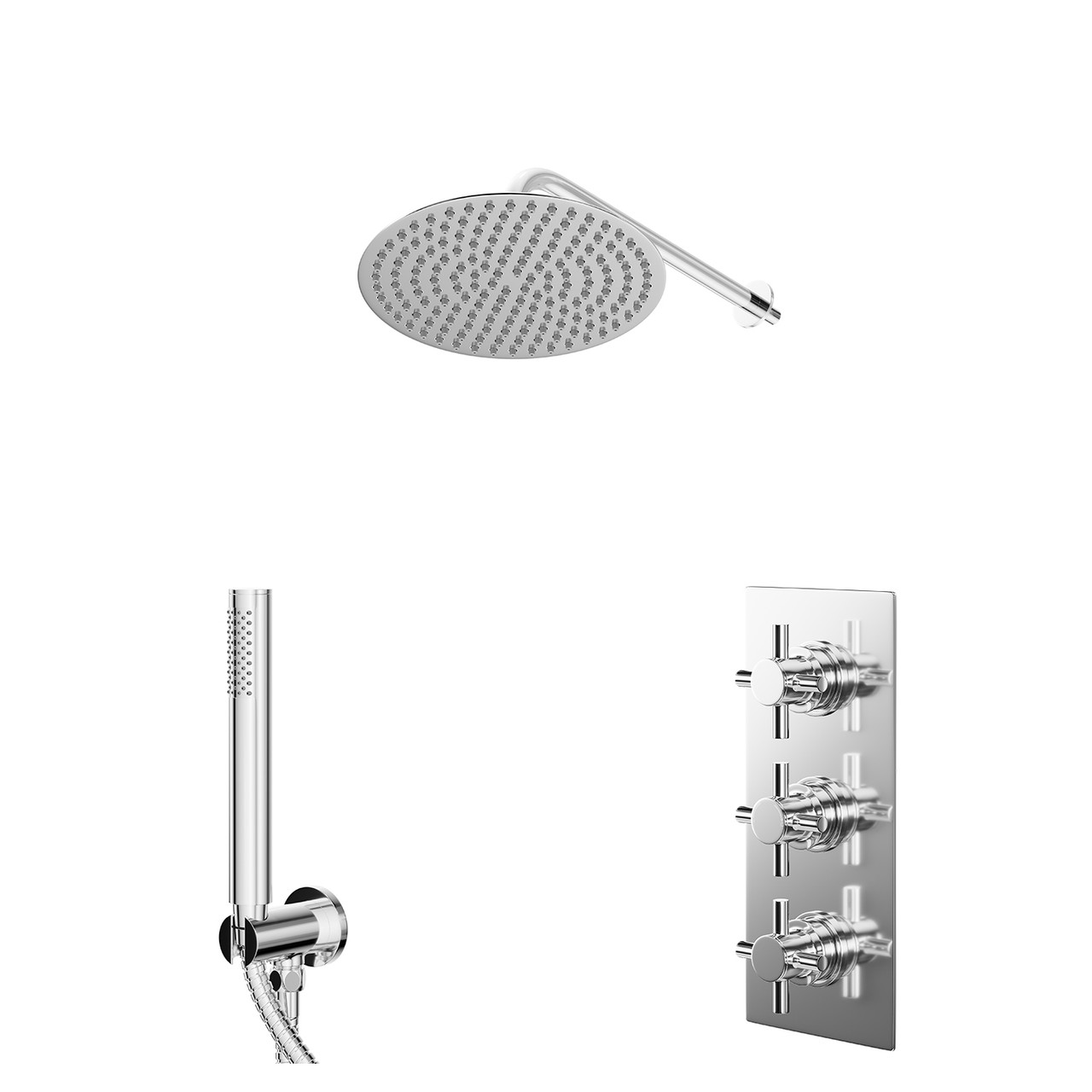 Cross Polished Concealed Triple Thermostatic Shower Valve and Round Head with 345mm Wall Arm and Outlet Holder with Kit