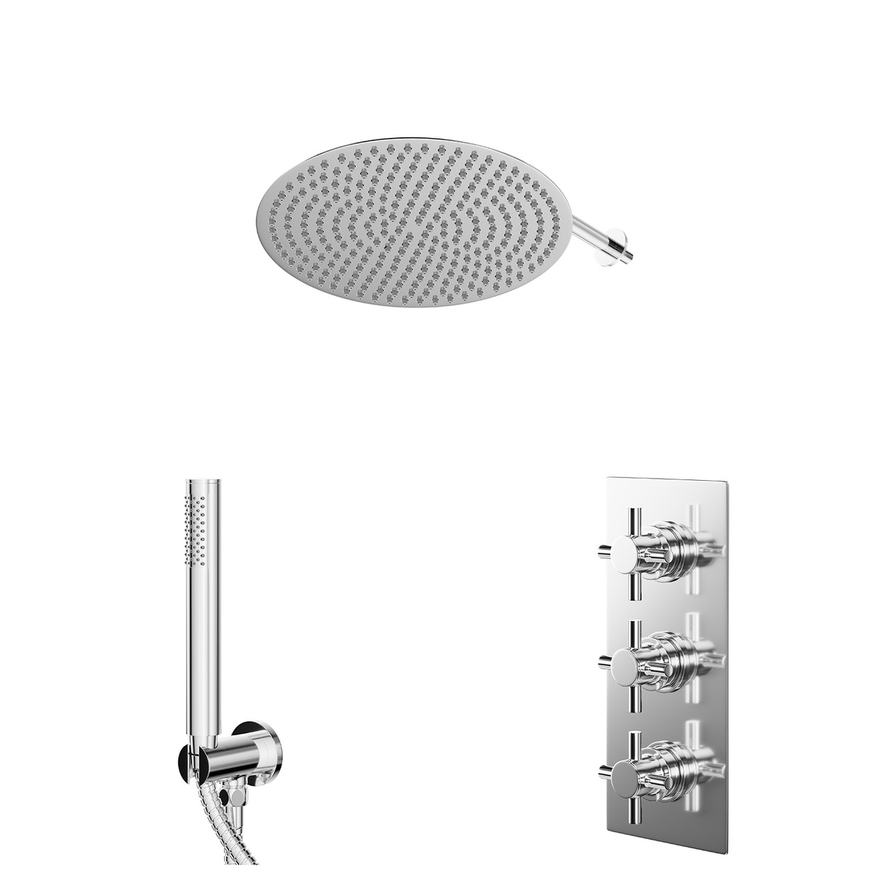 Cross Polished Concealed Triple Thermostatic Shower Valve and Round Head with 345mm Wall Arm and Outlet Holder with Kit