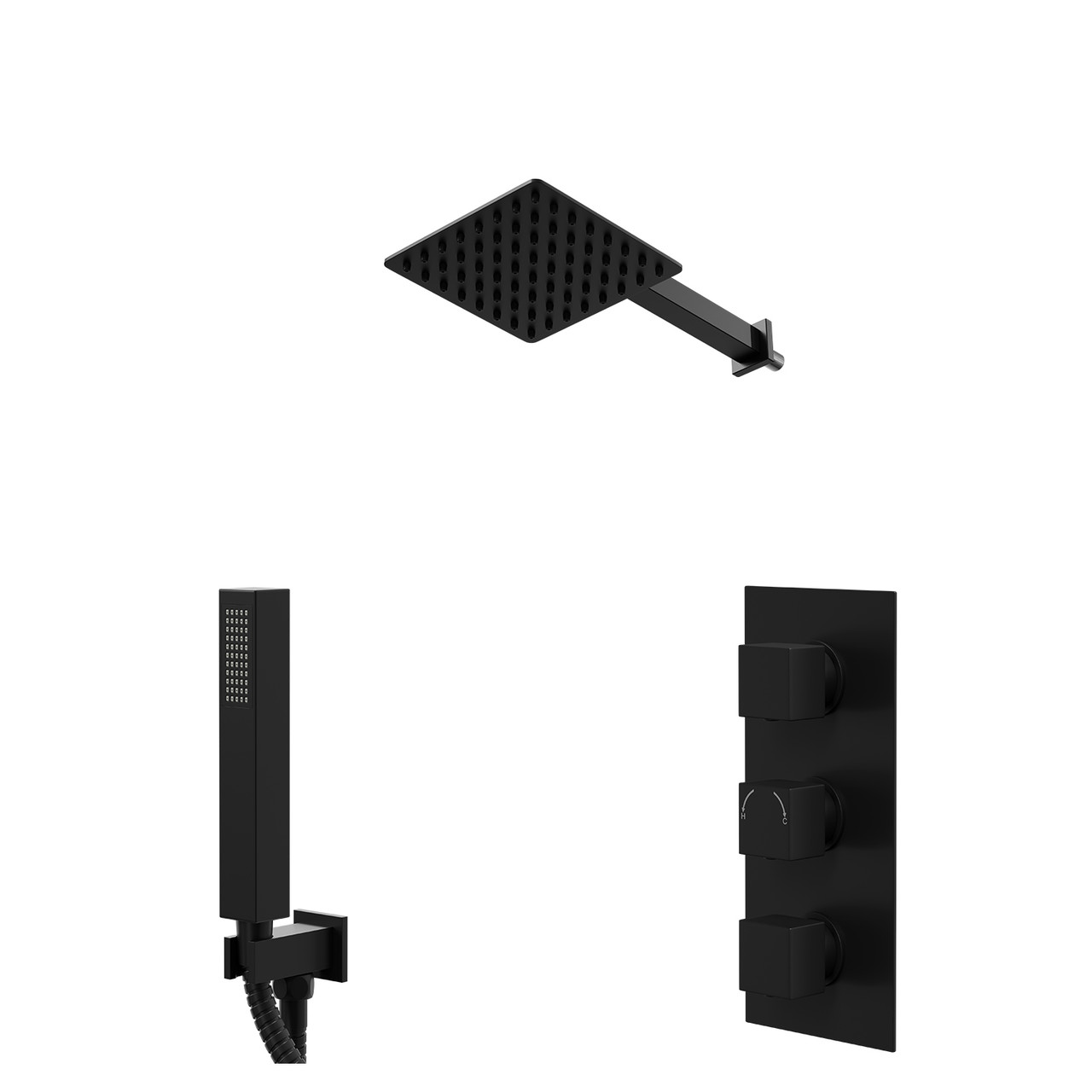 Colore Square Concealed Triple Thermostatic Shower Valve and Fixed Head with 345mm Wall Arm and Outlet Holder with Kit