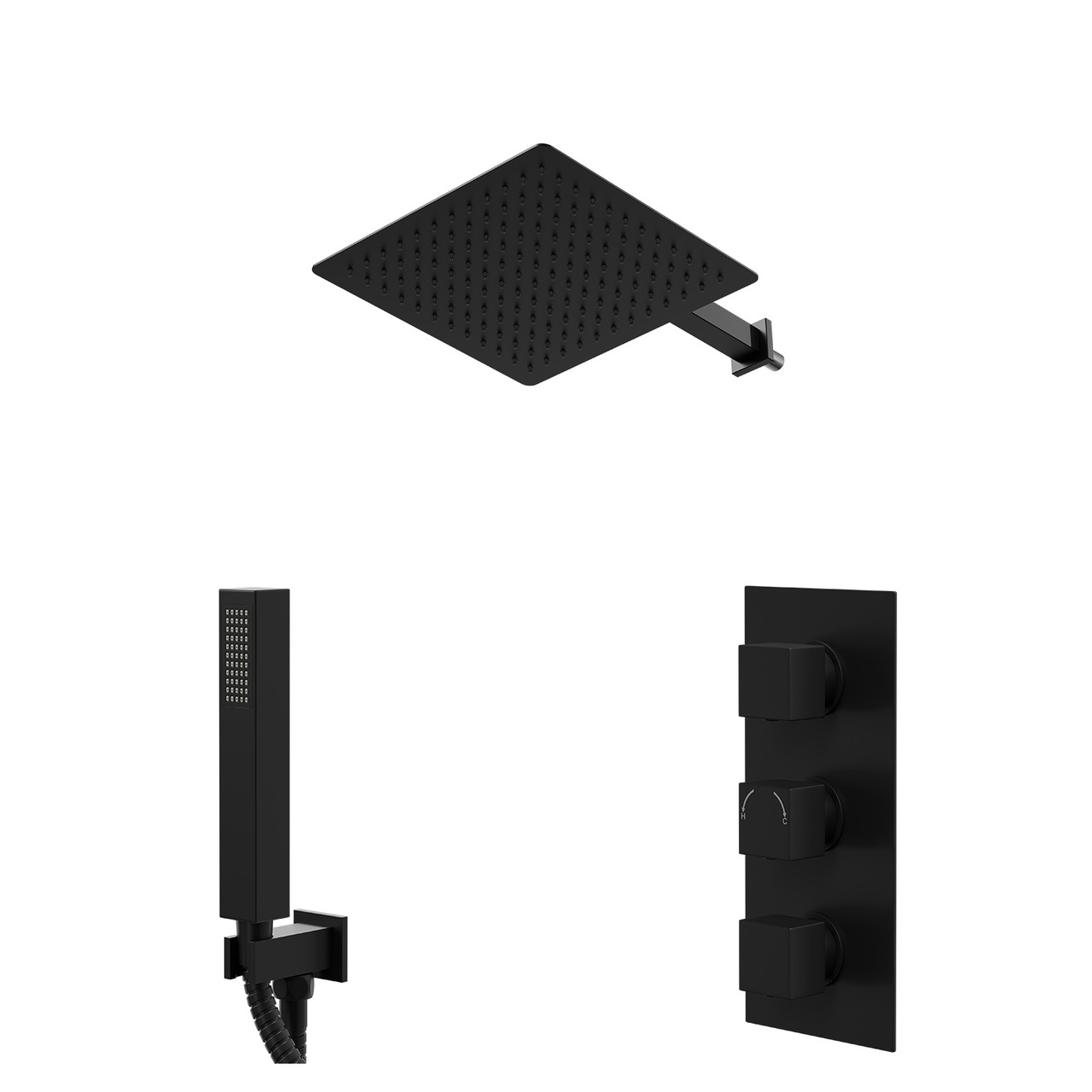 Colore Square Concealed Triple Thermostatic Shower Valve and Fixed Head with 345mm Wall Arm and Outlet Holder with Kit
