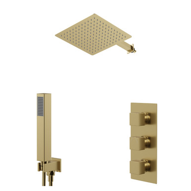 Bathroom House Brushed Brass Thermostatic Shower Mixer Valve Kit – With Arm, Head & Handsets