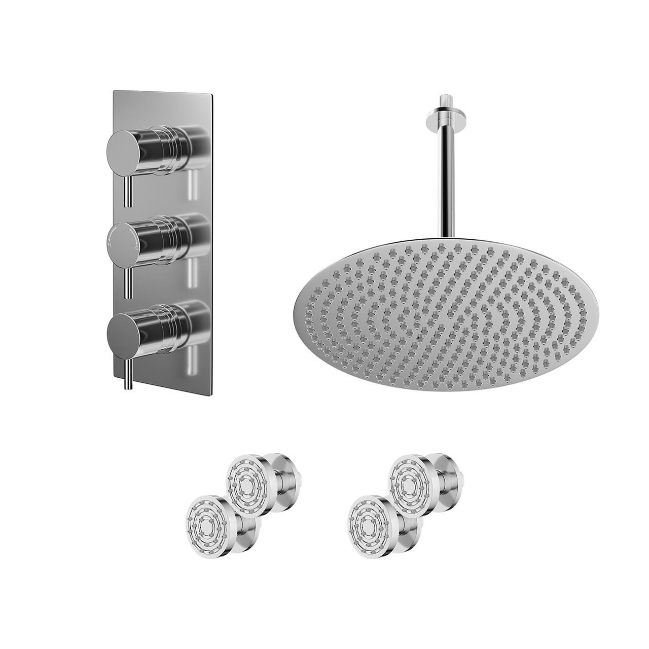 Circo Polished Concealed Triple Thermostatic Shower Valve and Round Head with 300mm Ceiling Arm and 4 Body Jets
