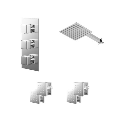 Wholesale Domestic Chrome Cubix Polished Concealed Triple Thermostatic Shower Valve And Square Head With 345Mm Wall Arm And 4 Body Jets | | Stainless Steel | 200Mm