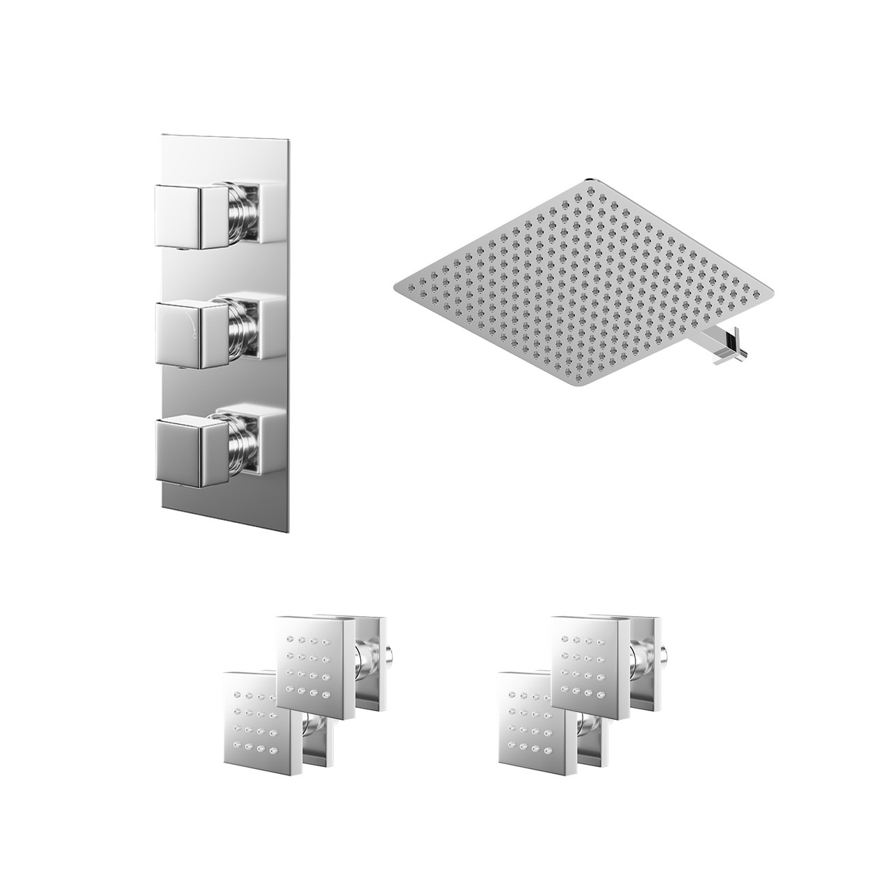 Cubix Polished Concealed Triple Thermostatic Shower Valve and Square Head with 345mm Wall Arm and 4 Body Jets
