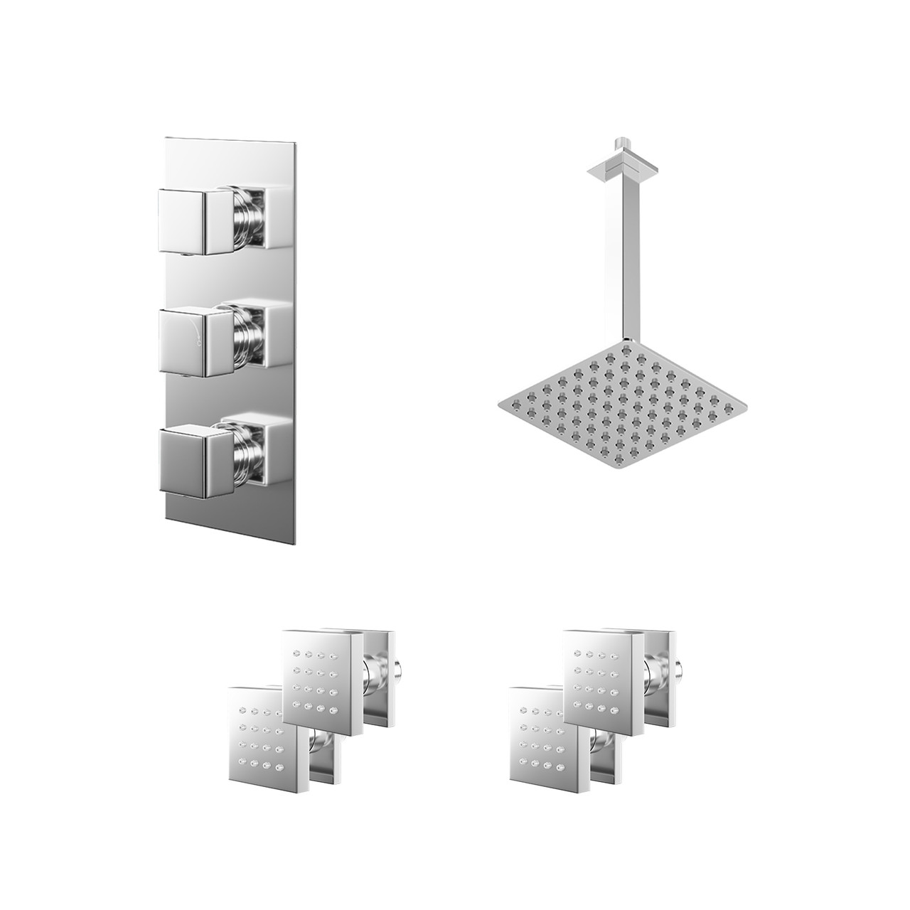 Cubix Polished Concealed Triple Thermostatic Shower Valve and Square Head with 300mm Ceiling Arm and 4 Body Jets