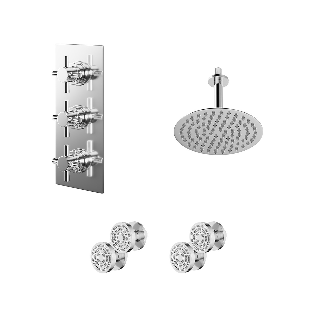 Cross Polished Concealed Triple Thermostatic Shower Valve and Round Head with 150mm Ceiling Arm and 4 Body Jets