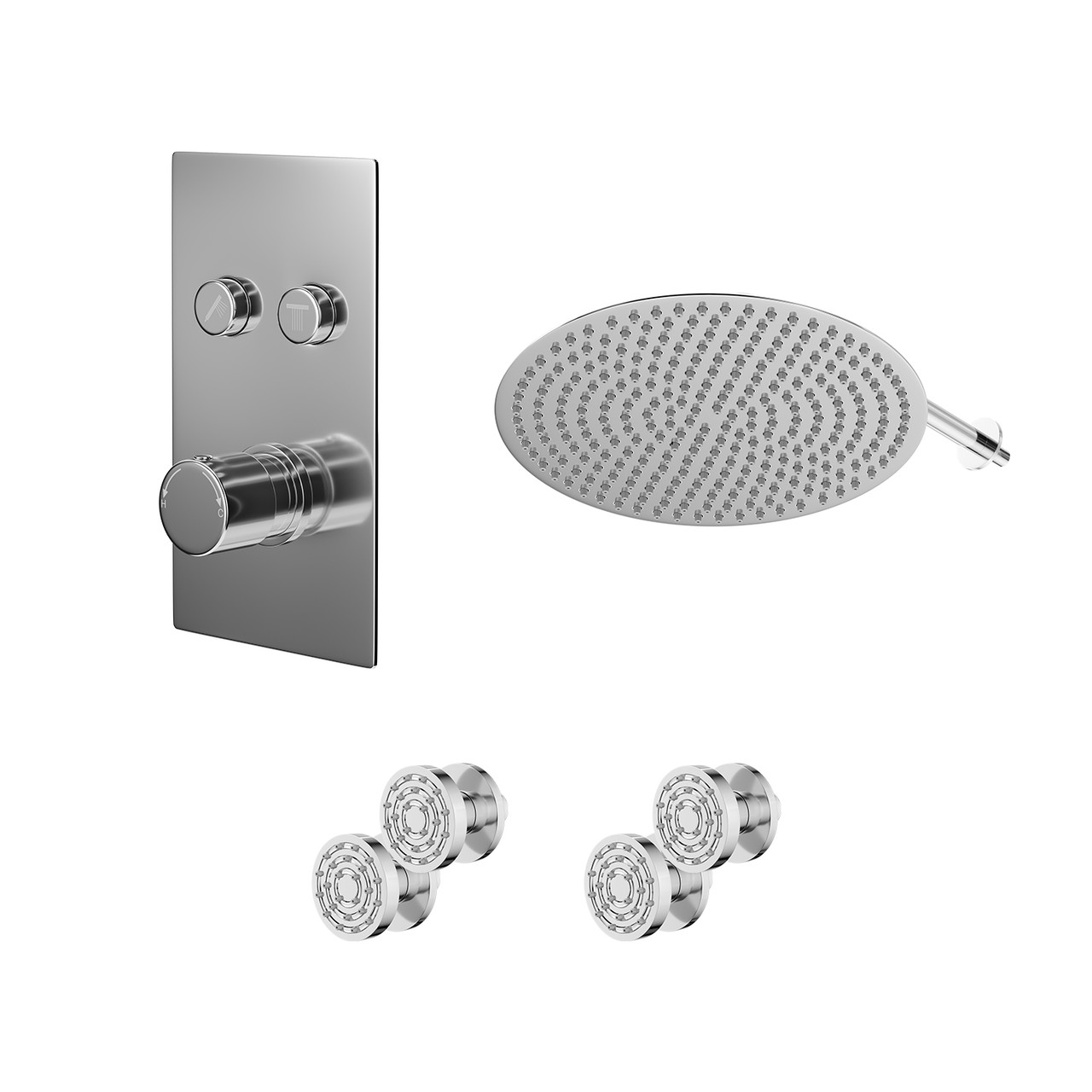 Circo Polished Push Button Diverter Concealed Thermostatic Shower Valve and Round Head with 345mm Wall Arm and 4 Body Jets