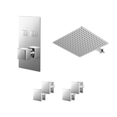 Wholesale Domestic Chrome Cubix Polished Push Button Diverter Concealed Thermostatic Shower Valve And Square Head With 345Mm Wall Arm And 4 Body Jets | | Stainless Steel | 400Mm