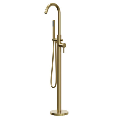Colore Brushed Brass Round Freestanding Bath Shower Mixer With Half Knurled Tap Heads | | 200Mm X 1230Mm X 140Mm