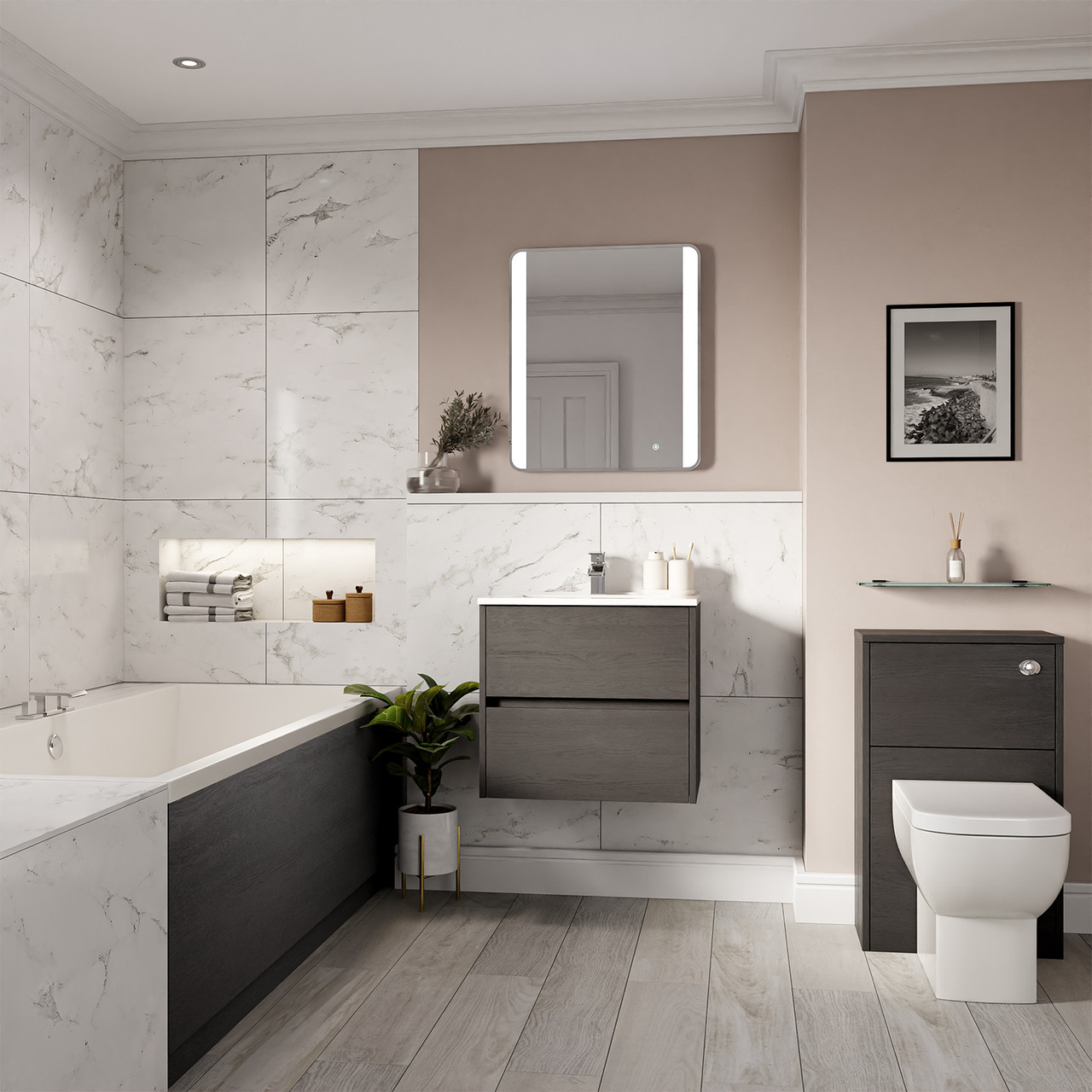 Ashby Slim Edge Straight Double Ended Bathroom Suite including Furniture Set with Minimalist Basin